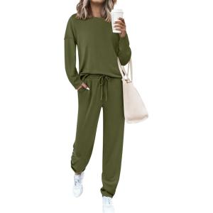 imagePRETTYGARDEN Womens 2 Piece Matching Lounge Sets 2025 Fall Long Sleeve Boatneck Sweatsuit Drawstring Sweatpants PocketsArmy Green