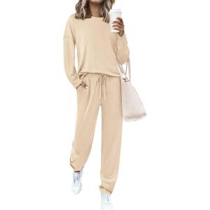 imagePRETTYGARDEN Womens 2 Piece Matching Lounge Sets 2025 Fall Long Sleeve Boatneck Sweatsuit Drawstring Sweatpants PocketsBeige