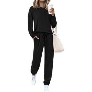 imagePRETTYGARDEN Womens 2 Piece Matching Lounge Sets 2025 Fall Long Sleeve Boatneck Sweatsuit Drawstring Sweatpants PocketsBlack