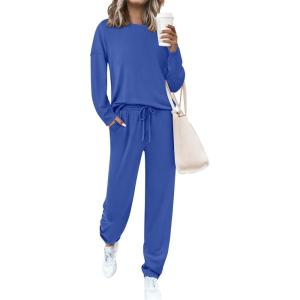 imagePRETTYGARDEN Womens 2 Piece Matching Lounge Sets 2025 Fall Long Sleeve Boatneck Sweatsuit Drawstring Sweatpants PocketsBlue