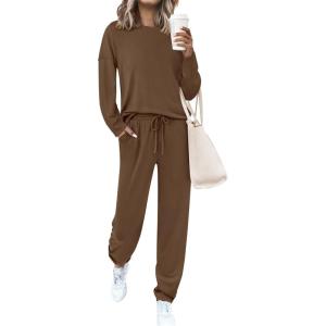 imagePRETTYGARDEN Womens 2 Piece Matching Lounge Sets 2025 Fall Long Sleeve Boatneck Sweatsuit Drawstring Sweatpants PocketsBrown