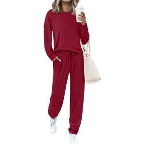 imagePRETTYGARDEN Womens 2 Piece Matching Lounge Sets 2025 Fall Long Sleeve Boatneck Sweatsuit Drawstring Sweatpants PocketsBurgundy