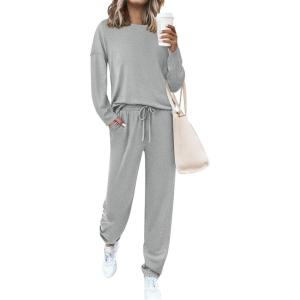 imagePRETTYGARDEN Womens 2 Piece Matching Lounge Sets 2025 Fall Long Sleeve Boatneck Sweatsuit Drawstring Sweatpants PocketsGrey