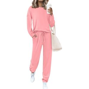imagePRETTYGARDEN Womens 2 Piece Matching Lounge Sets 2025 Fall Long Sleeve Boatneck Sweatsuit Drawstring Sweatpants PocketsPink