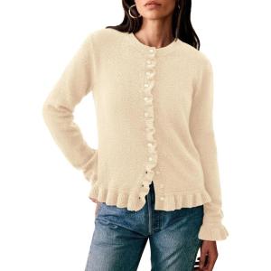 imagePRETTYGARDEN Womens Fall Button Down Cardigans Chunky Knit Ruffle Open Front Cropped Cardigan Sweaters Soft Long Sleeve TopsBeige