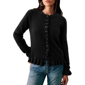 imagePRETTYGARDEN Womens Fall Button Down Cardigans Chunky Knit Ruffle Open Front Cropped Cardigan Sweaters Soft Long Sleeve TopsBlack