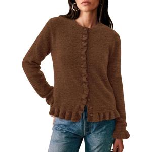 imagePRETTYGARDEN Womens Fall Button Down Cardigans Chunky Knit Ruffle Open Front Cropped Cardigan Sweaters Soft Long Sleeve TopsBrown