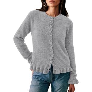imagePRETTYGARDEN Womens Fall Button Down Cardigans Chunky Knit Ruffle Open Front Cropped Cardigan Sweaters Soft Long Sleeve TopsGrey