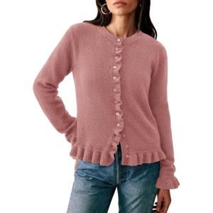 imagePRETTYGARDEN Womens Fall Button Down Cardigans Chunky Knit Ruffle Open Front Cropped Cardigan Sweaters Soft Long Sleeve TopsGrey Pink