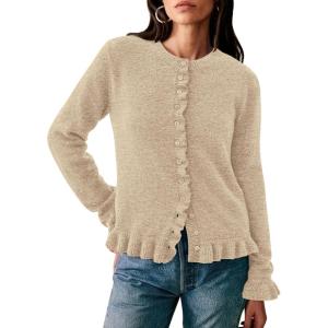 imagePRETTYGARDEN Womens Fall Button Down Cardigans Chunky Knit Ruffle Open Front Cropped Cardigan Sweaters Soft Long Sleeve TopsKhaki