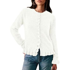 imagePRETTYGARDEN Womens Fall Button Down Cardigans Chunky Knit Ruffle Open Front Cropped Cardigan Sweaters Soft Long Sleeve TopsWhite