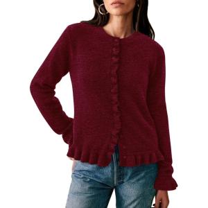 imagePRETTYGARDEN Womens Fall Button Down Cardigans Chunky Knit Ruffle Open Front Cropped Cardigan Sweaters Soft Long Sleeve TopsWine Red