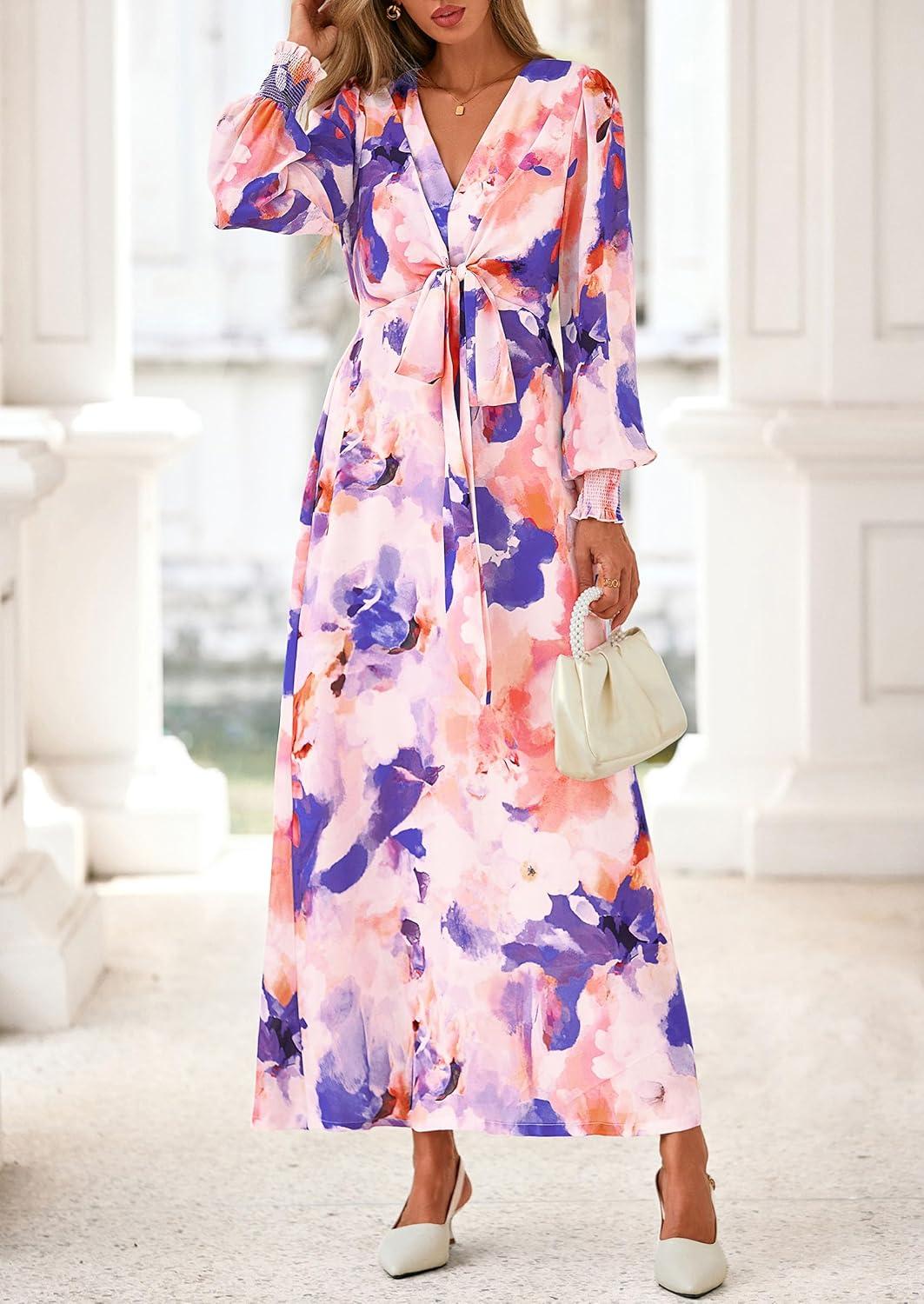 imagePRETTYGARDEN Womens 2025 Fall Wedding Guest Dresses Floral Long Sleeve V Neck Belted Long Flowy Boho Maxi DressFloral Multicolored