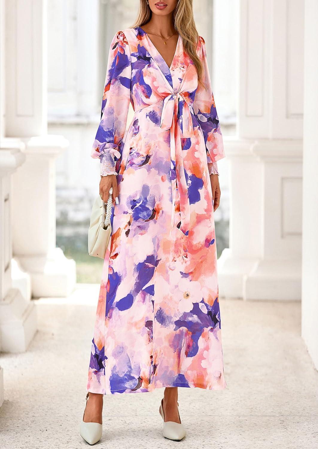 imagePRETTYGARDEN Womens 2025 Fall Wedding Guest Dresses Floral Long Sleeve V Neck Belted Long Flowy Boho Maxi DressFloral Multicolored
