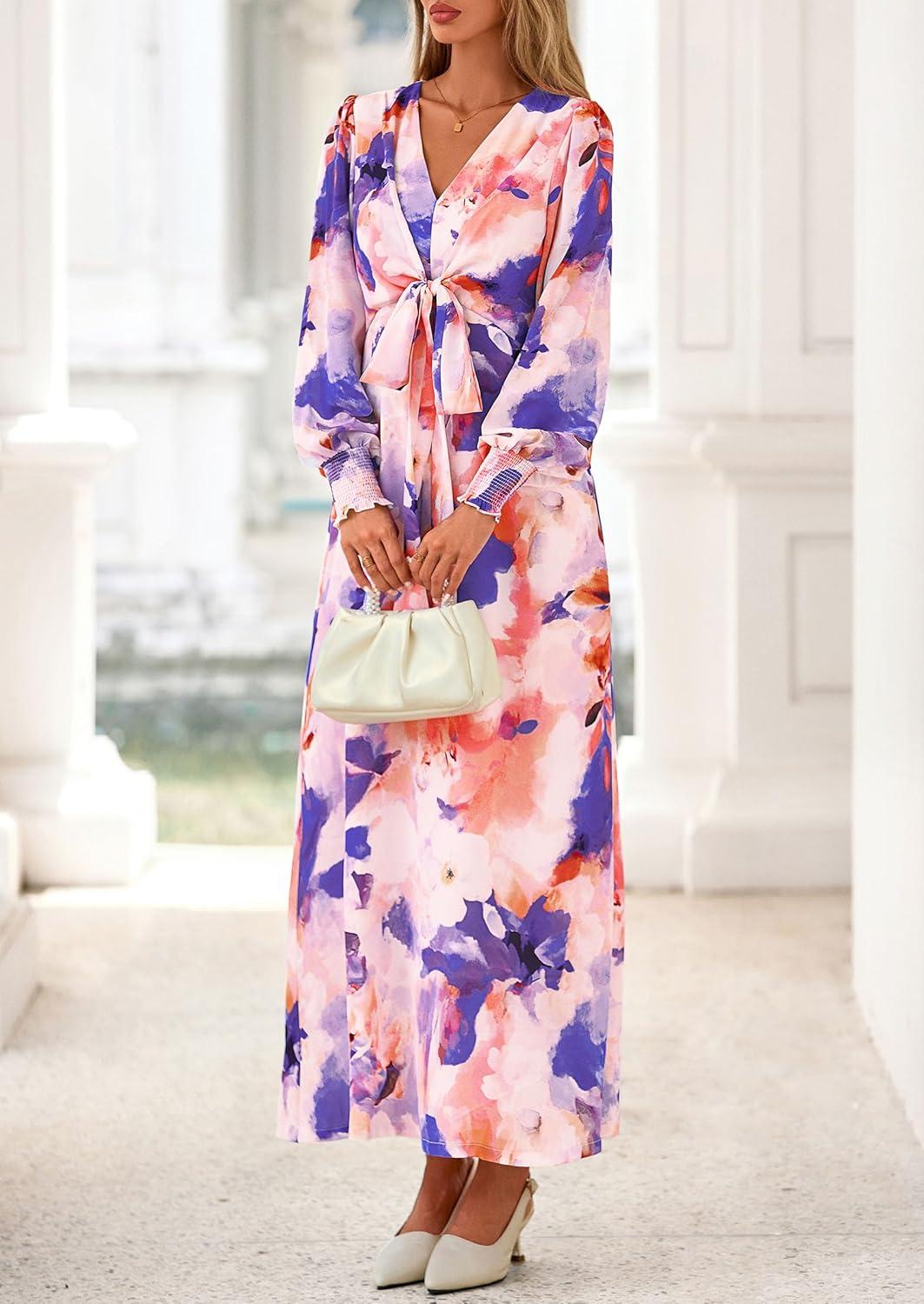 imagePRETTYGARDEN Womens 2025 Fall Wedding Guest Dresses Floral Long Sleeve V Neck Belted Long Flowy Boho Maxi DressFloral Multicolored