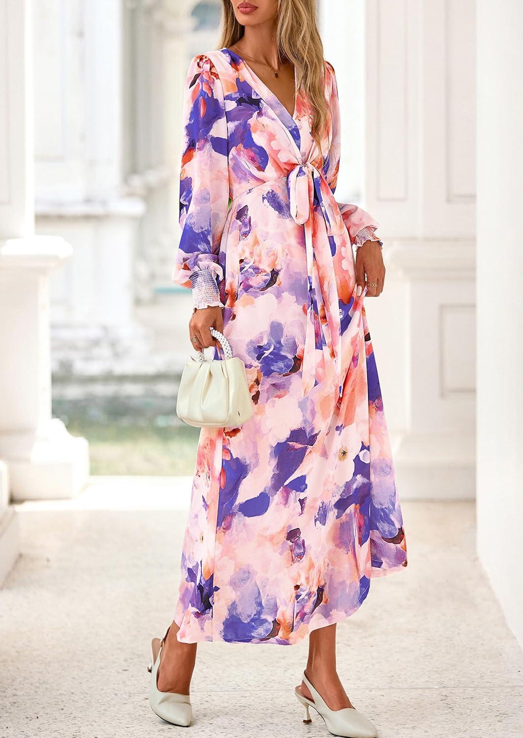 imagePRETTYGARDEN Womens 2025 Fall Wedding Guest Dresses Floral Long Sleeve V Neck Belted Long Flowy Boho Maxi DressFloral Multicolored