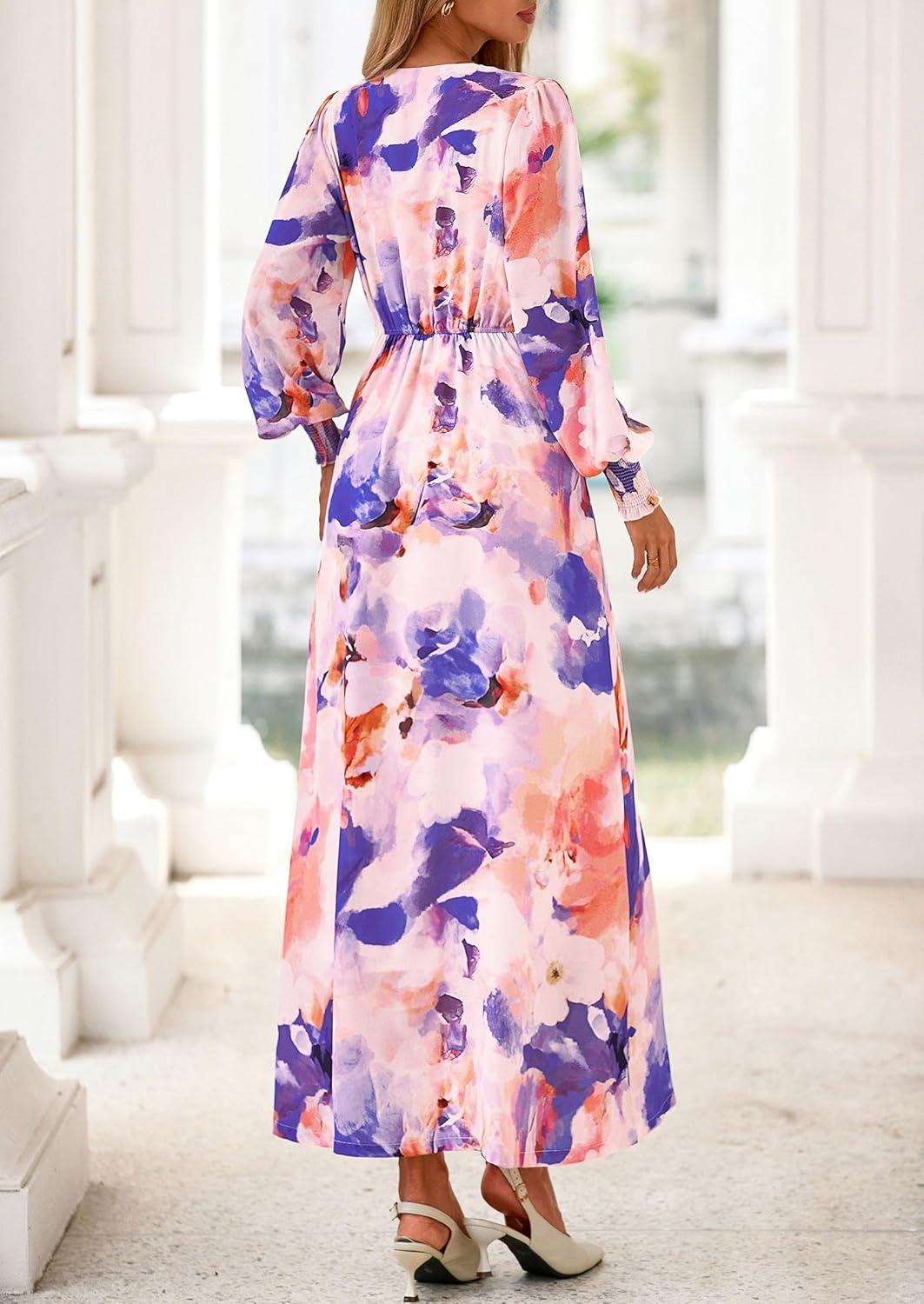 imagePRETTYGARDEN Womens 2025 Fall Wedding Guest Dresses Floral Long Sleeve V Neck Belted Long Flowy Boho Maxi DressFloral Multicolored