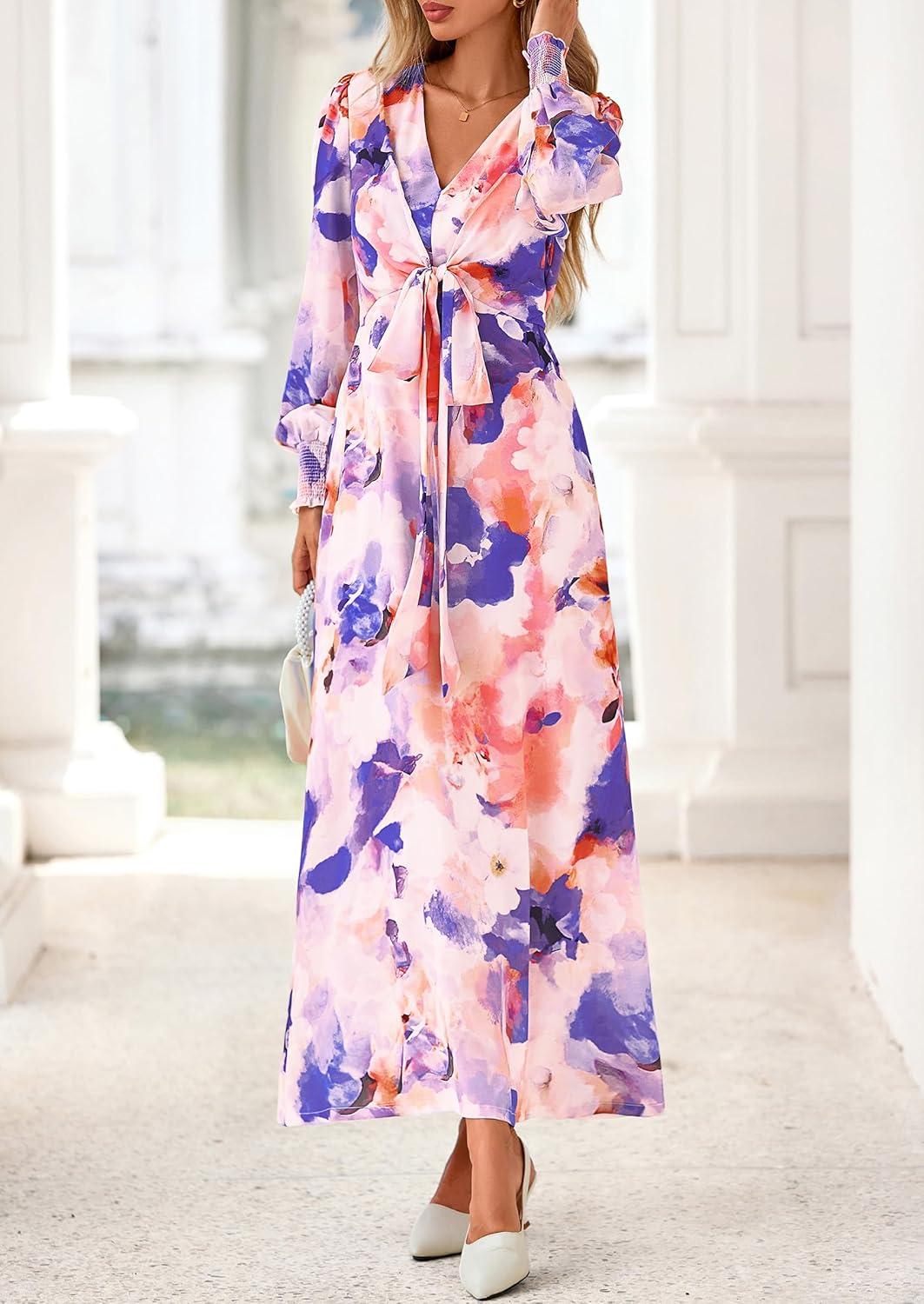 imagePRETTYGARDEN Womens 2025 Fall Wedding Guest Dresses Floral Long Sleeve V Neck Belted Long Flowy Boho Maxi DressFloral Multicolored