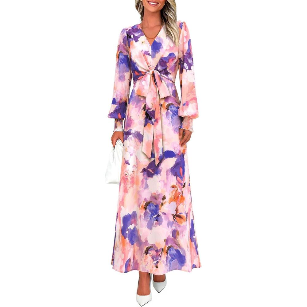 imagePRETTYGARDEN Womens 2025 Fall Wedding Guest Dresses Floral Long Sleeve V Neck Belted Long Flowy Boho Maxi DressFloral Multicolored