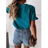 imagePRETTYGARDEN Womens Short Sleeve Casual T Shirts Summer Ruffle Plain Round Neck Loose Fit Tee Blouse TopsDark Blue
