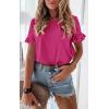 imagePRETTYGARDEN Womens Short Sleeve Casual T Shirts Summer Ruffle Plain Round Neck Loose Fit Tee Blouse TopsRose Red