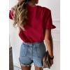 imagePRETTYGARDEN Womens Short Sleeve Casual T Shirts Summer Ruffle Plain Round Neck Loose Fit Tee Blouse TopsWine Red