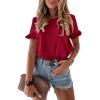 imagePRETTYGARDEN Womens Short Sleeve Casual T Shirts Summer Ruffle Plain Round Neck Loose Fit Tee Blouse TopsWine Red