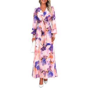 imagePRETTYGARDEN Womens 2025 Fall Wedding Guest Dresses Floral Long Sleeve V Neck Belted Long Flowy Boho Maxi DressFloral Multicolored