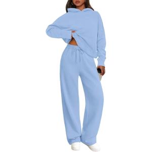 imagePRETTYGARDEN Womens 2 Piece Outfits Fall Sweatsuits Oversized Hoodies Wide Leg Sweatpants Tracksuits Lounge Matching SetsLight Blue