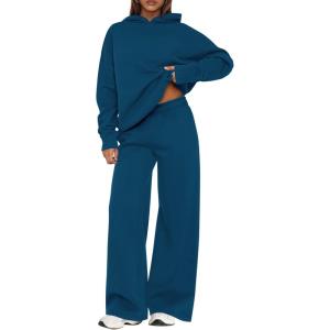 imagePRETTYGARDEN Womens Sweatsuits 2 Piece Set 2025 Casual Winter Long Sleeve Hoodie Loose Wide Leg Sweatpants Fall TracksuitDark Blue