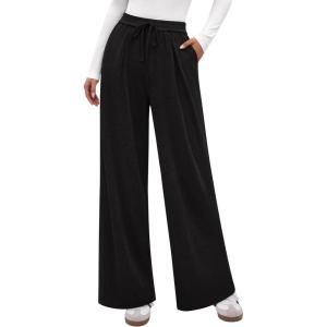 imagePRETTYGARDEN Womens Wide Leg Pants 2025 Fall Clothes Elastic High Waisted Knit Lounge Palazzo Pant Trousers with PocketsBlack