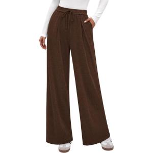 imagePRETTYGARDEN Womens Wide Leg Pants 2025 Fall Clothes Elastic High Waisted Knit Lounge Palazzo Pant Trousers with PocketsBrown