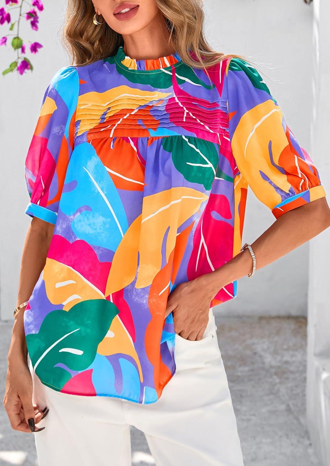 imagePRETTYGARDEN Floral Tops for Women Blouses Dressy Casual 2025 Summer Trendy Outfits Boho Pleated Short Sleeve ShirtsMulticolored Flower