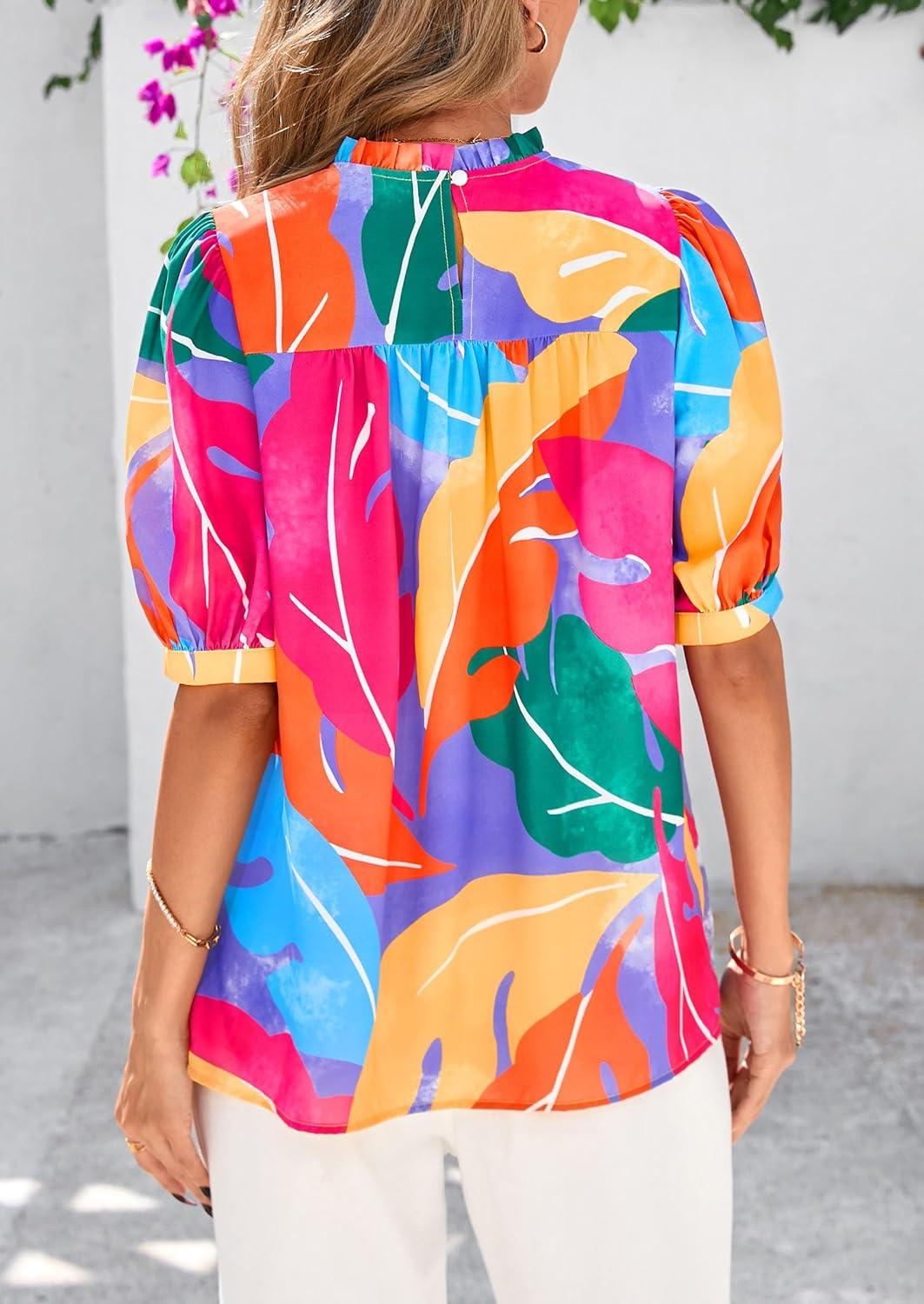 imagePRETTYGARDEN Floral Tops for Women Blouses Dressy Casual 2025 Summer Trendy Outfits Boho Pleated Short Sleeve ShirtsMulticolored Flower