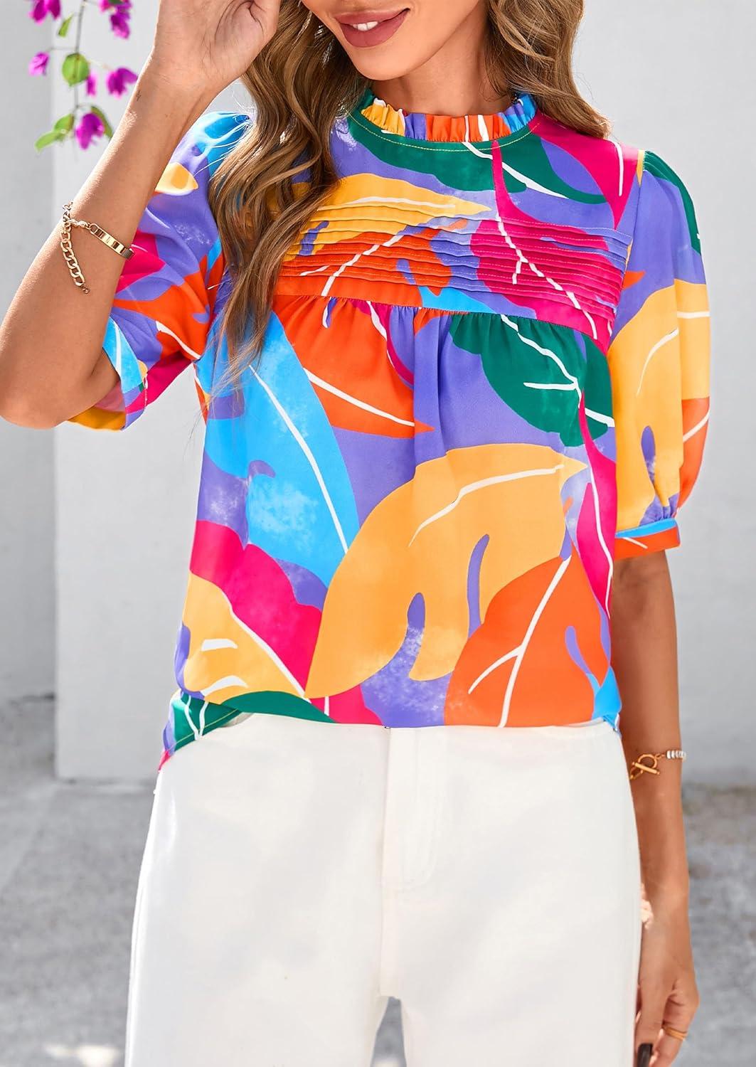 imagePRETTYGARDEN Floral Tops for Women Blouses Dressy Casual 2025 Summer Trendy Outfits Boho Pleated Short Sleeve ShirtsMulticolored Flower