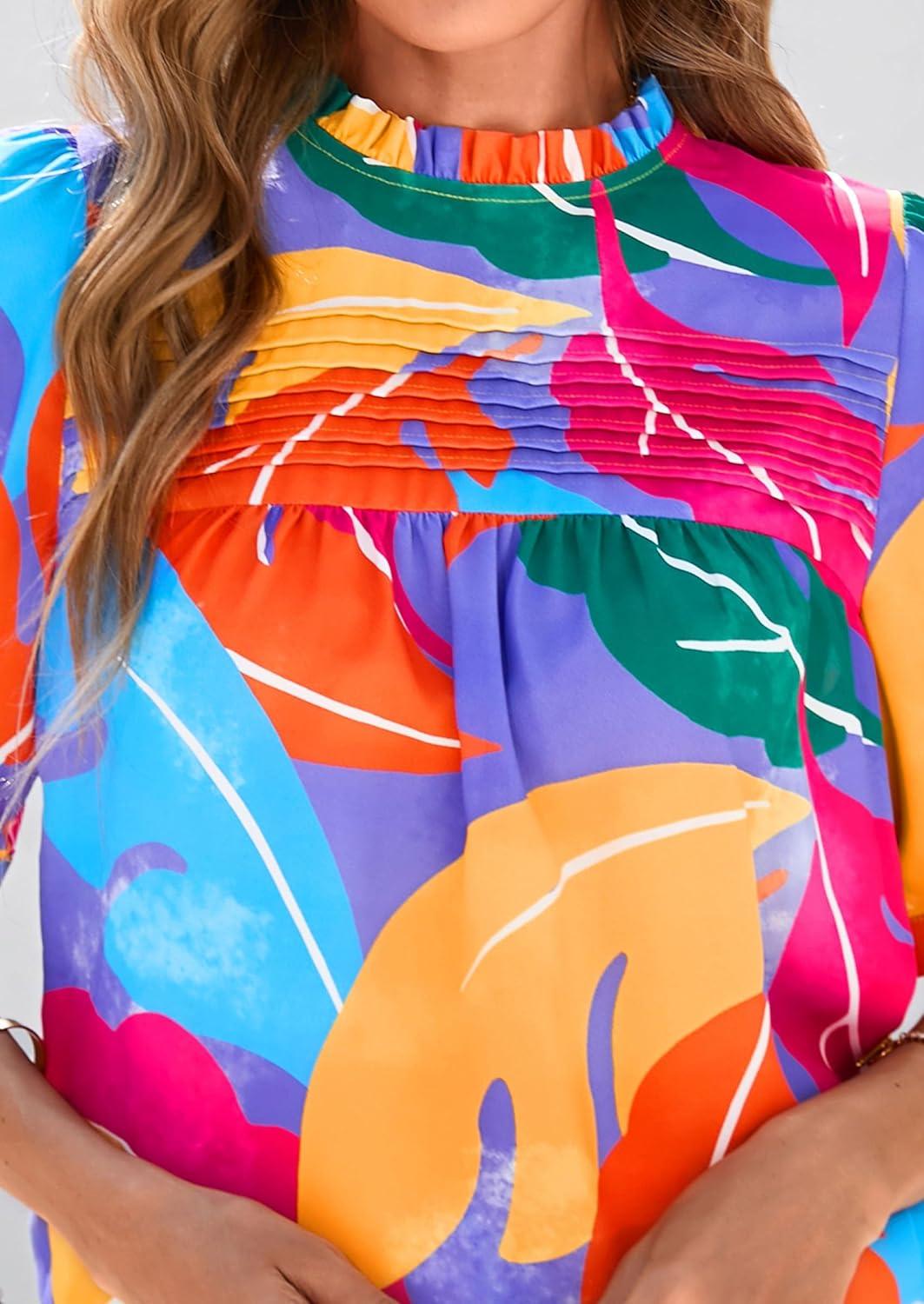 imagePRETTYGARDEN Floral Tops for Women Blouses Dressy Casual 2025 Summer Trendy Outfits Boho Pleated Short Sleeve ShirtsMulticolored Flower