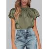 imagePRETTYGARDEN Business Casual Tops for Women Blouses Dressy 2025 Summer Short Sleeve Ruffle Satin Work Office AttireArmy Green