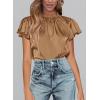 imagePRETTYGARDEN Business Casual Tops for Women Blouses Dressy 2025 Summer Short Sleeve Ruffle Satin Work Office AttireDark Khaki