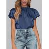 imagePRETTYGARDEN Business Casual Tops for Women Blouses Dressy 2025 Summer Short Sleeve Ruffle Satin Work Office AttireNavy