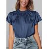 imagePRETTYGARDEN Business Casual Tops for Women Blouses Dressy 2025 Summer Short Sleeve Ruffle Satin Work Office AttireNavy