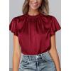 imagePRETTYGARDEN Business Casual Tops for Women Blouses Dressy 2025 Summer Short Sleeve Ruffle Satin Work Office AttireWine Red
