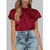imagePRETTYGARDEN Business Casual Tops for Women Blouses Dressy 2025 Summer Short Sleeve Ruffle Satin Work Office AttireWine Red