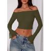 imagePRETTYGARDEN Fall Tops for Women 2025 Trendy Long Sleeve Crop Mesh Slim Fit Y2K Cute Shirts Going Out Off The Shoulder TopArmy Green