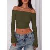 imagePRETTYGARDEN Fall Tops for Women 2025 Trendy Long Sleeve Crop Mesh Slim Fit Y2K Cute Shirts Going Out Off The Shoulder TopArmy Green