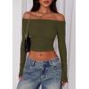 imagePRETTYGARDEN Fall Tops for Women 2025 Trendy Long Sleeve Crop Mesh Slim Fit Y2K Cute Shirts Going Out Off The Shoulder TopArmy Green
