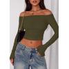 imagePRETTYGARDEN Fall Tops for Women 2025 Trendy Long Sleeve Crop Mesh Slim Fit Y2K Cute Shirts Going Out Off The Shoulder TopArmy Green