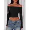 imagePRETTYGARDEN Fall Tops for Women 2025 Trendy Long Sleeve Crop Mesh Slim Fit Y2K Cute Shirts Going Out Off The Shoulder TopBlack
