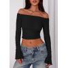 imagePRETTYGARDEN Fall Tops for Women 2025 Trendy Long Sleeve Crop Mesh Slim Fit Y2K Cute Shirts Going Out Off The Shoulder TopBlack