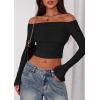 imagePRETTYGARDEN Fall Tops for Women 2025 Trendy Long Sleeve Crop Mesh Slim Fit Y2K Cute Shirts Going Out Off The Shoulder TopBlack