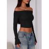imagePRETTYGARDEN Fall Tops for Women 2025 Trendy Long Sleeve Crop Mesh Slim Fit Y2K Cute Shirts Going Out Off The Shoulder TopBlack
